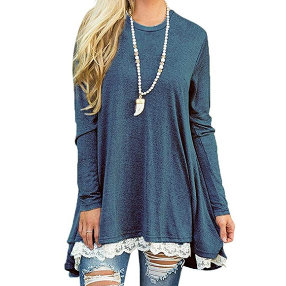 unbranded Tops - Lace Trimmed Tunic Long Sleeves Blue Sz XL NWOT